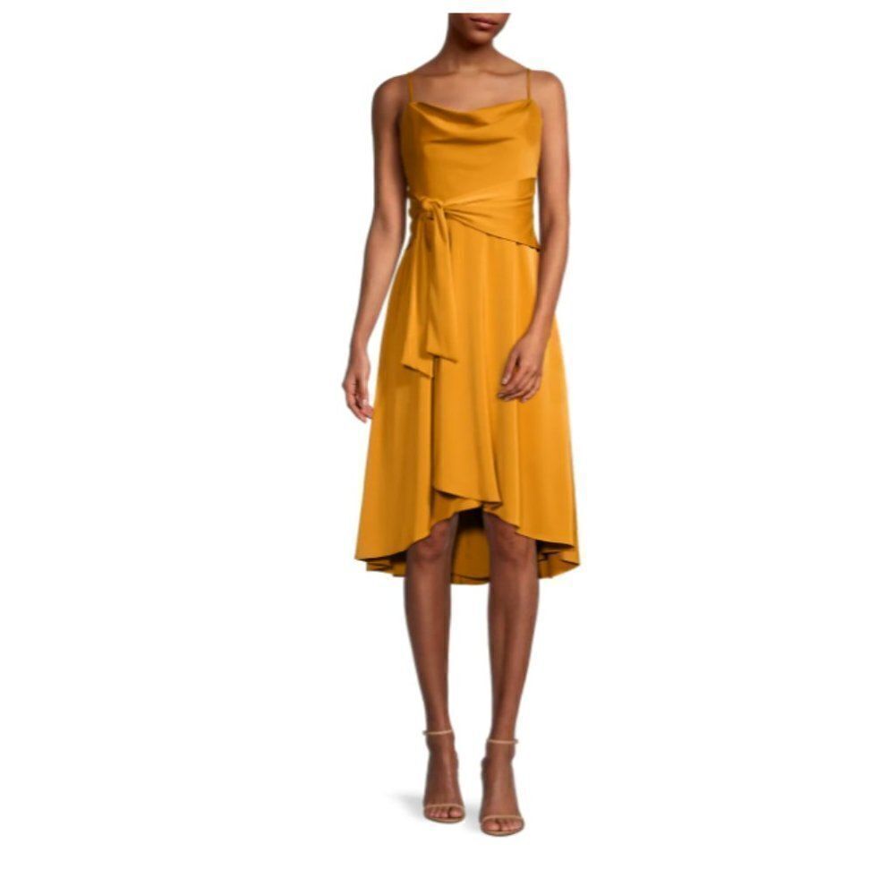 Aidan by Aidan Mattox Satin Cowl Neck Dress Sz 8 Yellow Mustard Tie Sash Hi Low